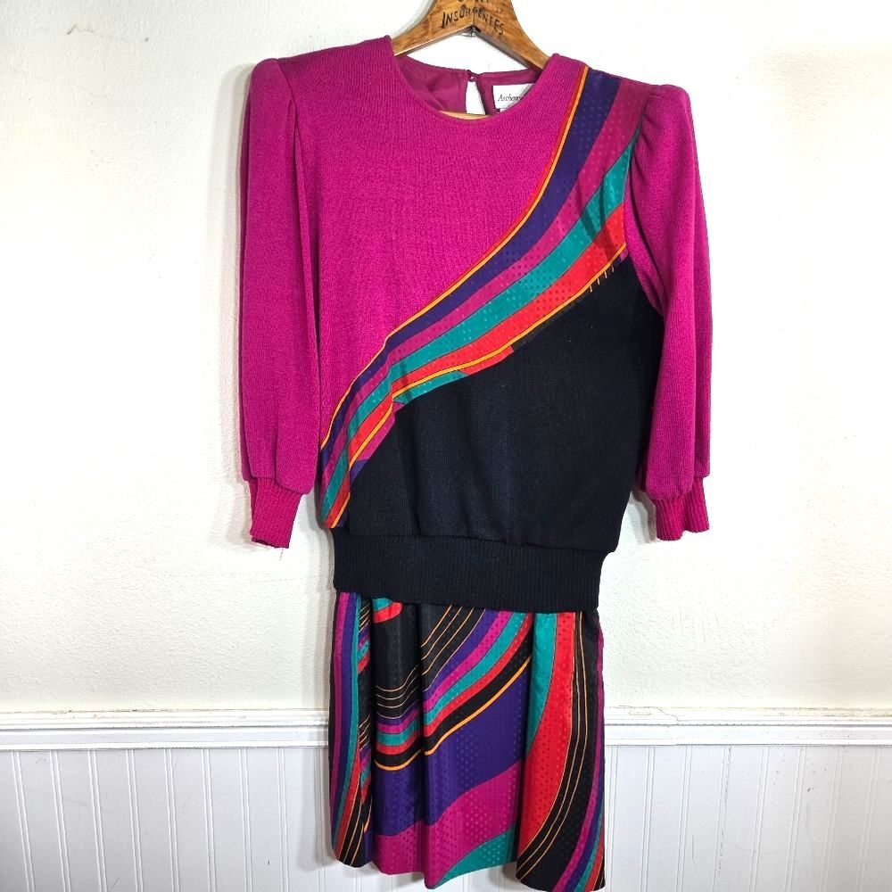Women's Anthony Sicari 1980's Bold Pink Colorful Striped Women's Dress Sz 12